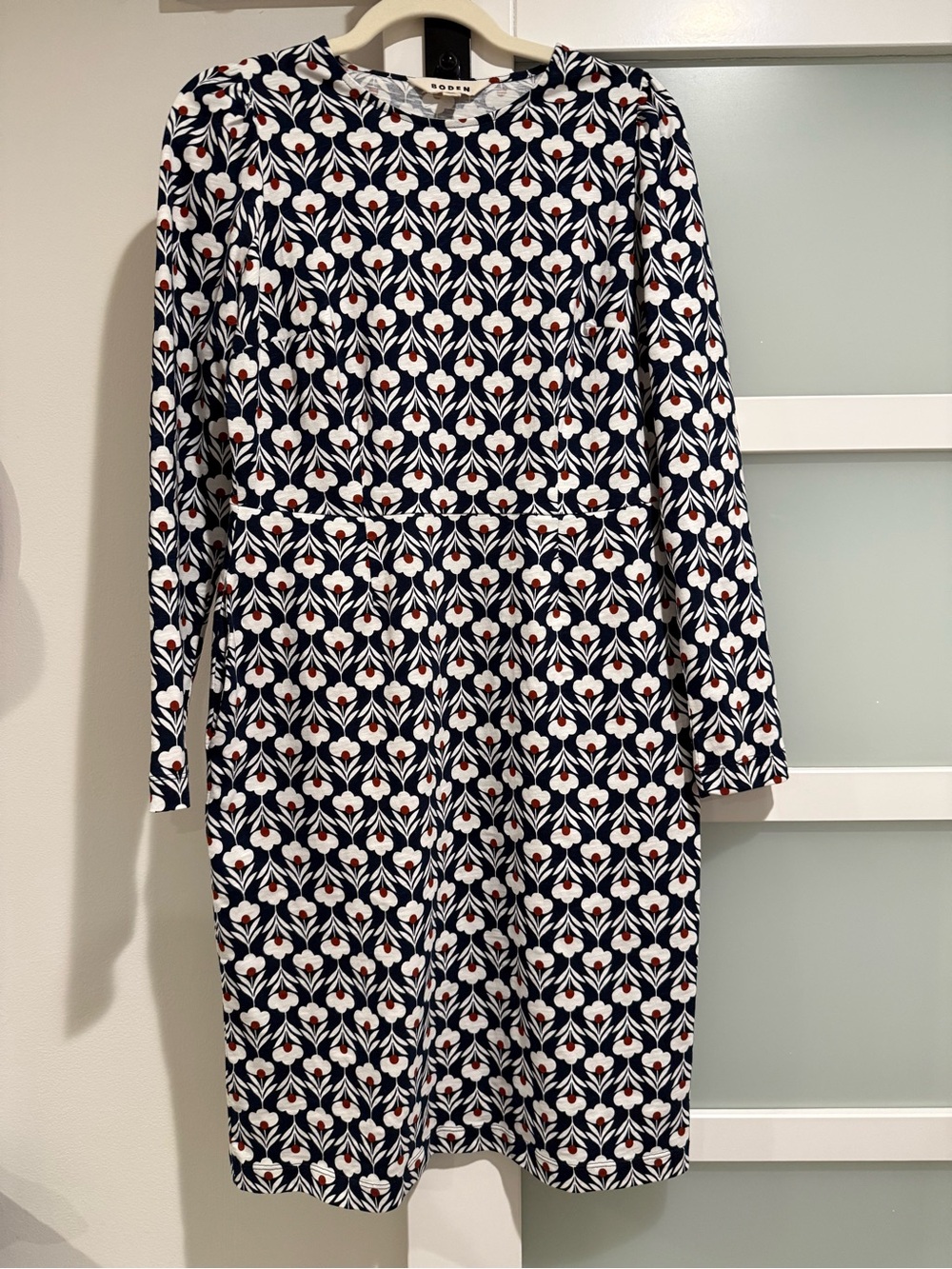 Boden Navy White and Red Floral-Print Long-Sleeve Dress with pockets